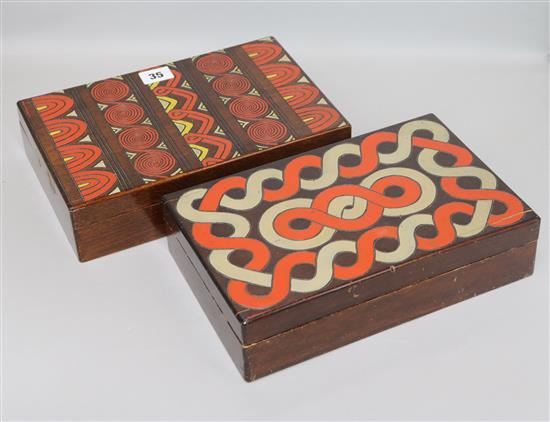 Two French painted wood boxes, signed Mark Francois largest width 28cm depth 18cm